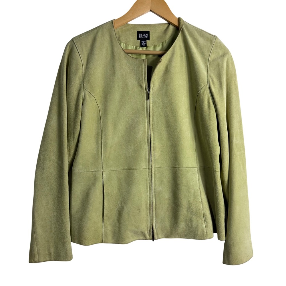 Eileen Fisher XS Italian Goat Suede‎ Zip Front Jacket Lime Green contemporary